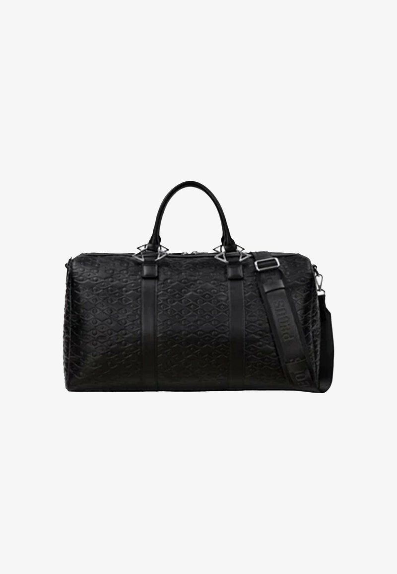 Black duffel bag made of textured material, featuring two top handles, an adjustable shoulder strap, and diamond-pattern accents.