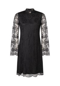 Zwart kanten jurk met lange mouwen, hoge halslijn, bloemenkantpatroon en gegolfde zoom. Gladde stof met gestructureerde kanten accenten.