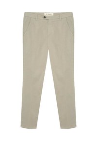 Chinos beige dal taglio slim, realizzati in morbido cotone. Presentano passanti per cintura, tasche laterali, chiusura con bottone e zip.