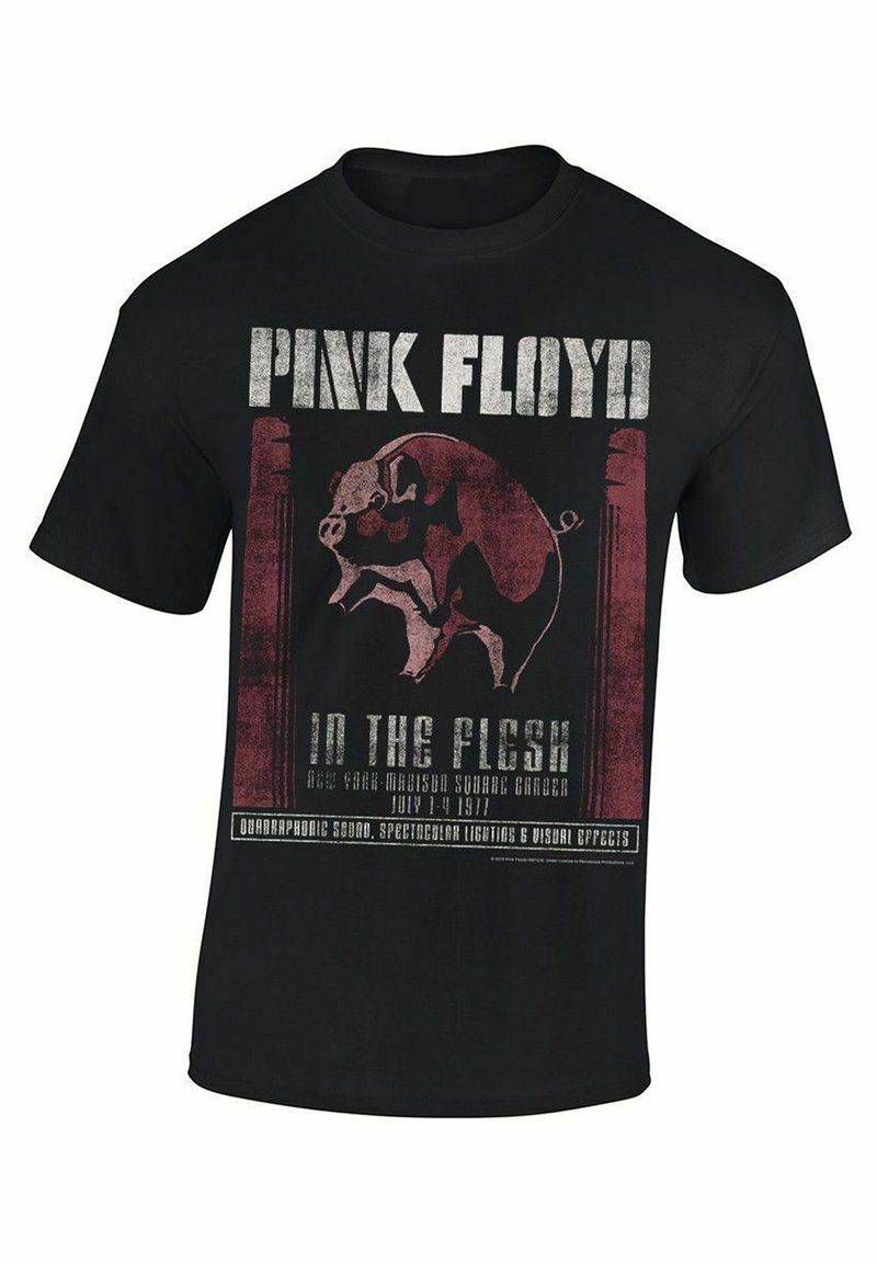 Camiseta de algodón negra con un diseño gráfico de un cerdo sobre un fondo rojo, con "PINK FLOYD" y detalles del concierto en texto grueso.