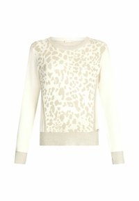 Maglione leopardato in crema e beige, con maniche lunghe, scollo rotondo e tessuto a maglia texturizzato. Dettaglio con zip laterale all'orlo.