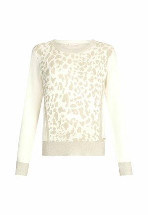 Maglione leopardato in crema e beige, con maniche lunghe, scollo rotondo e tessuto a maglia texturizzato. Dettaglio con zip laterale all'orlo.