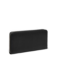 Czarny skórzany portfel z zamknięciem na zamek, prostokątny kształt, gładka faktura i kontrastowe, srebrne detale. Prosty design z minimalnymi akcentami.