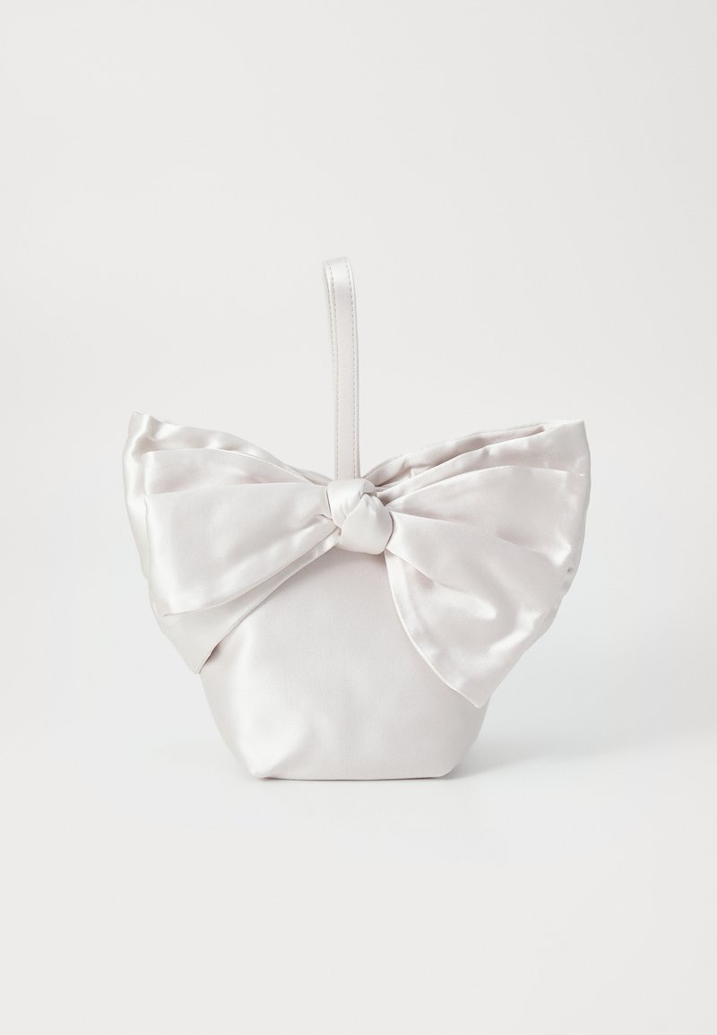 Satin handbag in white, featuring a large bow on the front. The bag has a structured shape and a short, smooth handle.