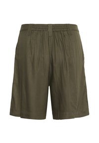 Shorts vert olive avec une coupe décontractée, une taille élastique et un design plissé. Fabriqués en tissu léger, avec des poches latérales.
