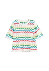 Korte mouwen, witte gebreide trui met een multicolor zigzagpatroon in roze, blauw, groen en geel, met gegolfde randen.