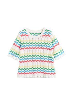 Maglione bianco a maniche corte in maglia con motivo zigzag multicolore nei toni di rosa, blu, verde e giallo, con bordi ondulati.