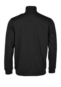 Czarna bluza na zamek z wysokim kołnierzem, długimi rękawami oraz ściągaczami przy mankietach i u dołu. Gładka tekstura; minimalistyczny design bez ozdób.