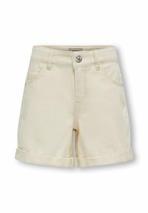 Beige denim shorts with button closure, belt loops, front pockets, and folded hems, displayed on a white background.
