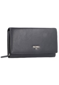 Portefeuille en cuir noir avec une texture lisse, arborant un logo PICARD en relief et un design plié. Comprend un compartiment zippé.