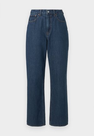 Blå denimjeans med høy midje, vide ben, synlig søm og en enkelt knapp foran. Teksturert stoff med glatt overflate.