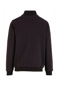 Mustahi sweatshirt, jossa on korkea kaulus, ribattu hihansuut ja helma, sileä pinta sekä minimaalinen muotoilu ilman näkyvää brändäystä tai kuvioita.