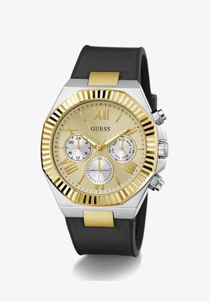 Gouden en zilveren horloge met een textuur gezicht, zwarte rubberen band, chronograaf functies en een hexagonale kastontwerp.