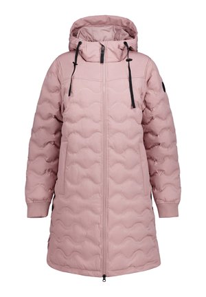 Lungo cappotto invernale trapuntato rosa con cappuccio, coulisse nere, zip frontale, tasche laterali e polsini a costine sulle maniche.