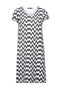 Kurzärmliges Kleid im Zickzackmuster in Schwarz und Weiß mit V-Ausschnitt. Weicher Stoff mit lockerer Passform.