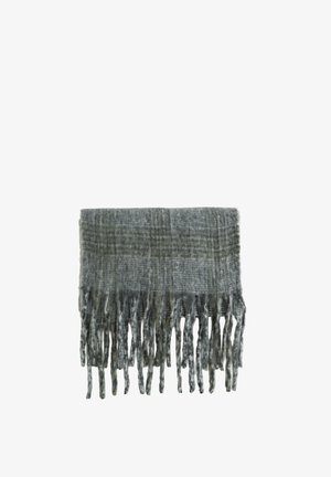 Écharpe grise pliée avec un motif à carreaux et de longues franges sur un bord, présentée sur un fond blanc uni.