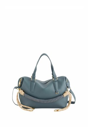 Bolso de cuero azul con dos asas y detalle decorativo de cuerda beige y gris en la parte delantera sobre fondo blanco.