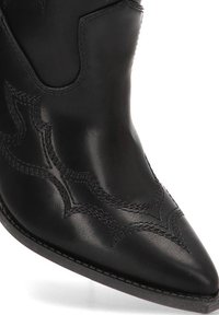 Bota vaquera de cuero negro con punta en forma de pico; presenta costuras decorativas en un patrón ondulado a lo largo del lateral. Textura lisa, suela resistente.