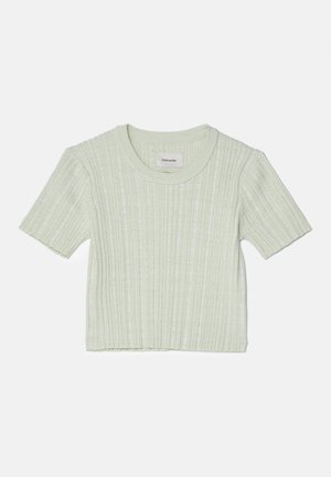 Light green ribbed short-sleeve knit top with a round neckline and a slightly cropped silhouette. Label inside reads "Holzweiler."