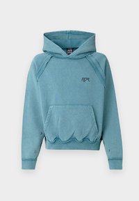 Türkisfarbener Hoodie mit einem Kordelzug und einer Fronttasche. Mit Raglanärmeln, strukturiertem Besatz und einem kleinen Logo auf der Brust. Weicher Stoff.