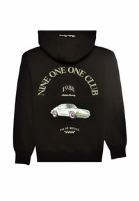 Czarna bluza z kapturem z grafiką vintage Porsche z zielonymi akcentami. Tekst zawiera "NINE ONE ONE CLUB", "1988" i "PAS DE MONACO."