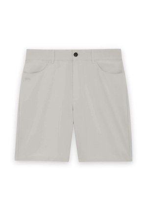 Pantaloncini da uomo grigio chiaro con tasche frontali, passanti per cintura e chiusura con bottone nero.