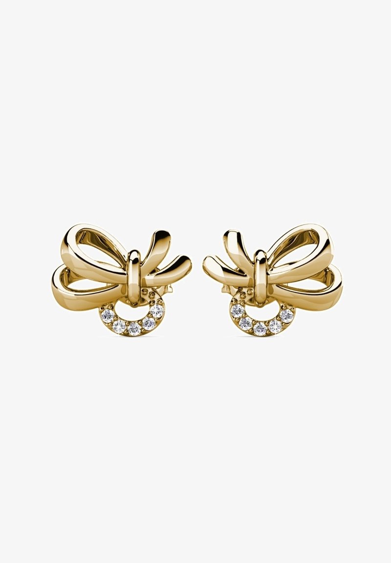 Goldene Ohrringe mit einem Bogen-Design, verziert mit runden Akzenten und kleinen klaren Kristallen in einer polierten Ausführung.