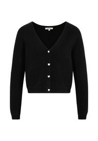 Cardigan nero corto con scollatura a V, texture a coste e bottoni argentati a forma di cuore lungo il davanti. Tessuto morbido con maniche lunghe.