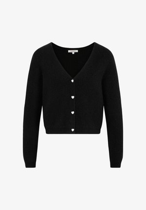 Cardigan noir court avec un col en V, texture côtelée et boutons en argent en forme de cœur sur le devant. Tissu doux avec des manches longues.