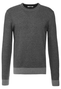 Grå tröja av strukturerat tyg med rund halsringning, långa ärmar och ribbade mudd- och fållkanter. Har ett subtilt fiskbensmönster.