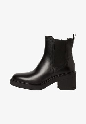 Black leather ankle boot with elastic side panels, rounded toe, and block heel. Smooth texture with minimal stitching and a pull tab at the back.