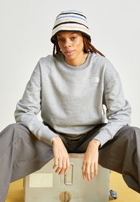Felpa grigia con polsini a costine, caratterizzata da un piccolo logo bianco. Il modello indossa un cappello a secchiello di maglia a righe. Lo sfondo è neutro.