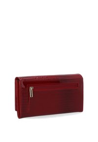 Red wallet made of glossy material with a crocodile texture, featuring a zippered pocket and a rectangular shape.