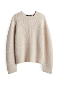 Beige, gerippter Strickpullover mit langen Raglanärmeln und runder Ausschnitt, auf einem weißen Hintergrund flach ausgelegt.