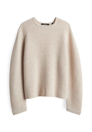 Beige ribbed knit sweater with long raglan sleeves and a round neckline, laid flat on a white background.