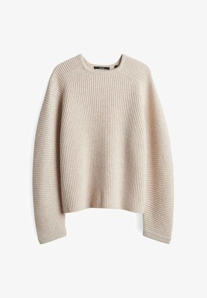 Pull en maille côtelée beige avec de longues manches raglan et un col rond, posé à plat sur un fond blanc.