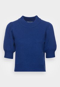 Blå stickad kortärmad tröja med puffärmar, ribbade muddar, nederkant och hög rund halsringning.