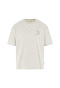 Lys grå kortærmet t-shirt lavet af blød bomuld, med et lille logo grafisk design på venstre bryst og en rund halsudskæring.