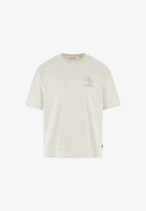 Tricou scurt cu mâneci, de culoare gri deschis, din bumbac moale, având un mic logo grafic pe pieptul stâng și un design cu gât circular.