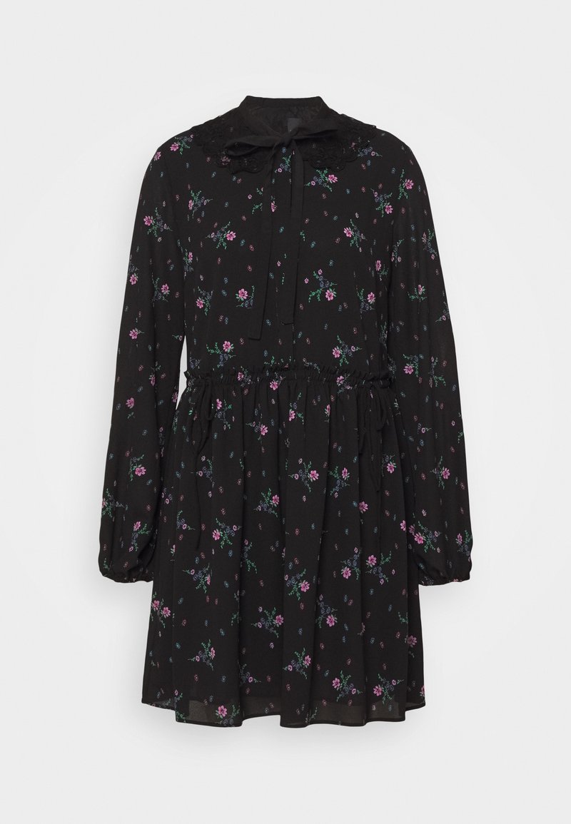 Robe noire à manches longues avec imprimé floral rose et bleu, taille élastique, col en dentelle et nœud à l'avant.