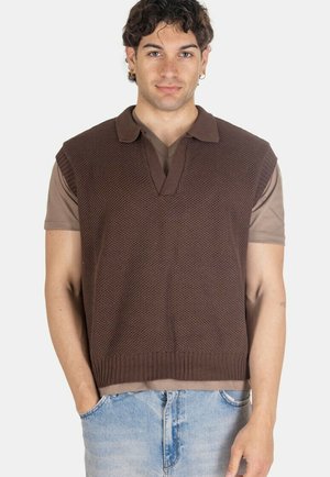 Giovane uomo con capelli corti e ricci che indossa un maglione marrone senza maniche sopra una camicia color talpa a maniche corte e jeans azzurri chiari, in piedi.