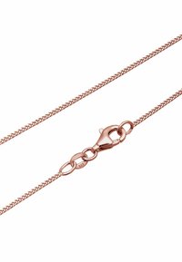 Rosenrød kæde med delikat mesh-design, lobsterspænde og et 925 sterlingsølvsstempel nær lukningen.