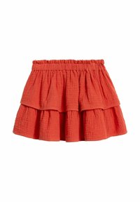 Rød, lagdelt nederdel med elastisk talje. Lavet af tekstureret stof, der har tre flagrende lag. Casual design, midt på låret længde.