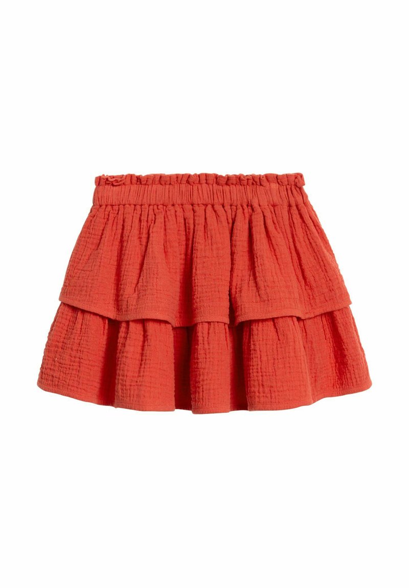 Rød, lagdelt nederdel med elastisk talje. Lavet af tekstureret stof, der har tre flagrende lag. Casual design, midt på låret længde.