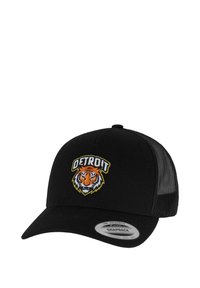 Șapcă snapback neagră, cu logo-ul brodat al echipei Detroit Tigers și capul unui tigru, accentuat în portocaliu și alb, și panou din plasă la spate.