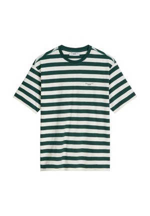Koszulka z krótkim rękawem w ciemnozielone i białe poziome paski oraz małe logo "Marc O'Polo Denim" na lewej piersi.