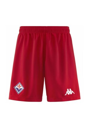 Pantaloni corti atletici rossi con vita elastica. Presentano un logo a forma di diamante sul lato sinistro e un logo Kappa bianco sul lato destro.