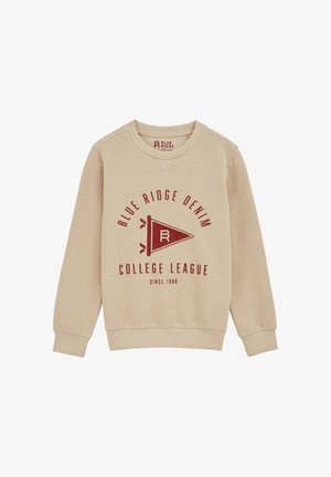 Bežna pulover s teksturirano tkanino, dolgimi rokavi, okroglim ovratnikom in maroon grafiko z napisom "Blue Ridge Denim College League".