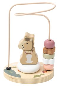 Wooden horse-shaped stacking toy with pastel-colored beads on a round base, featuring a smooth texture and illustrated details.