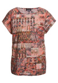 Top corto con maniche corte e vestibilità ampia, caratterizzato da un vivace motivo a patchwork nei toni di rosso, arancione, beige e verde. Realizzato in tessuto leggero.